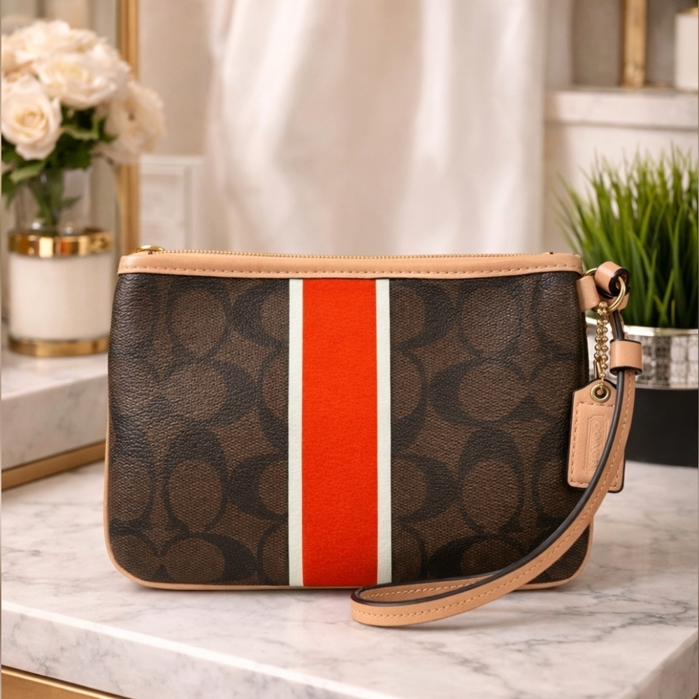 New Coach Signature Brown Vermillion Wristlet Bag with Red White Stripe‎